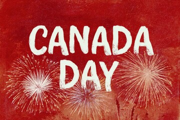 Celebrate Canada Day with festive fireworks illustration on a vibrant red background Generative AI