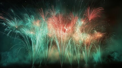 Radiant fountains of mint green and crimson fireworks cascading into thin elegant lines