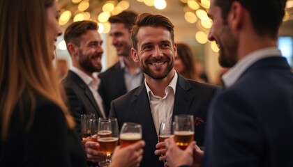 Business professionals socializing networking drinks evening event. People wearing suits, enjoying conversation, celebrating achievement. Friends colleagues corporate party, festive atmosphere with