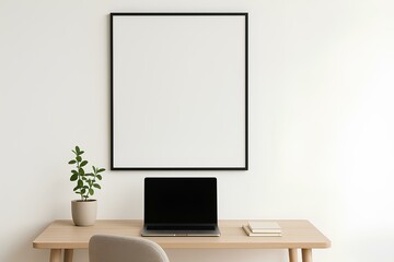 Mockup of a blank poster above a minimalist home office desk with a laptop and potted plant, Scandinavian design