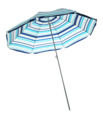 Open blue striped beach umbrella isolated on white