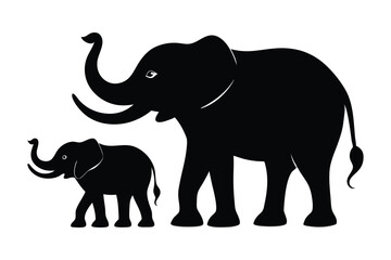 Obraz premium Silhouette of a mother elephant walking with baby vector illustration.