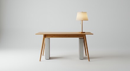 Modern wooden desk with lamp against white background