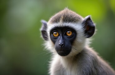 Fototapeta premium Close-up portrait of monkey face with focused golden eyes. Furry primate looks at camera in a natural wildlife, jungle, blurred green background, exploring mammal, tropical forest.
