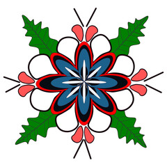 FLORAL MOSAIC IN BLUE, WHITE, BLACK, RED AND SALMON COLORS