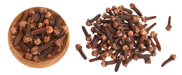 Dry spice cloves in wooden bowl isolated on white background . Top view. Flat lay