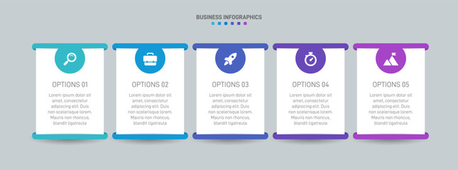 Horizontal progress bar featuring 5 arrow-shaped elements, symbolizing the five stages of business strategy and progression. Clean timeline infographic design template. Vector for presentation
