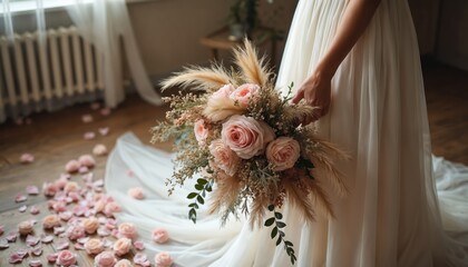 Bridal bouquet features soft pink roses, pampas grass, plants in bride hand. Wedding dress, wooden floor, rose petals create romantic atmosphere. Ideal for design projects, fashion, events, decor