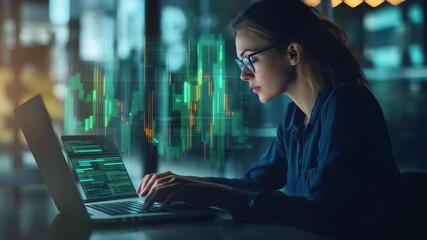 Senior woman analyzes financial data on laptop in modern office setting, financial data processing over senior caucasian woman using laptop - Powered by Adobe