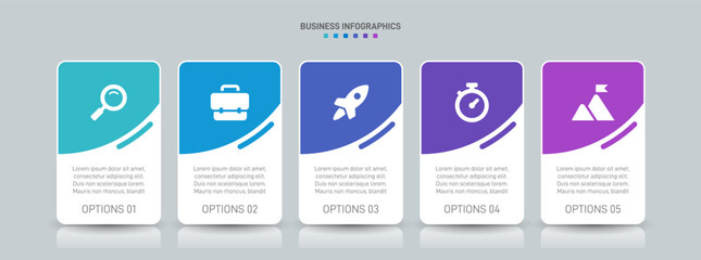 Horizontal progress bar featuring 5 arrow-shaped elements, symbolizing the five stages of business strategy and progression. Clean timeline infographic design template. Vector for presentation