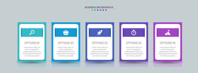 Horizontal progress bar featuring 5 arrow-shaped elements, symbolizing the five stages of business strategy and progression. Clean timeline infographic design template. Vector for presentation
