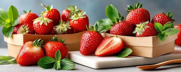 Fresh strawberries in rustic baskets with greenery on a natural surface