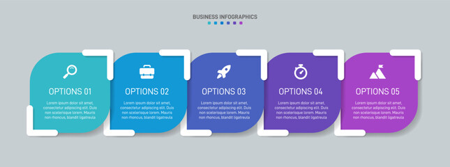 Horizontal progress bar featuring 5 arrow-shaped elements, symbolizing the five stages of business strategy and progression. Clean timeline infographic design template. Vector for presentation
