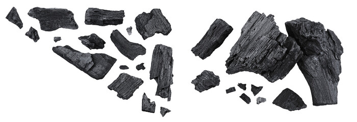 Natural wooden charcoal isolated on white background with full depth of field. Top view with copy...