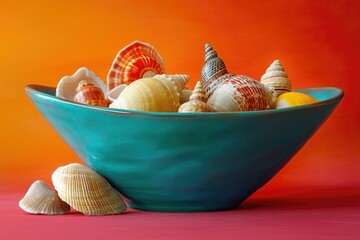 A vibrant, teal bowl is filled with a collection of colorful and diverse seashells on a bright orange background.