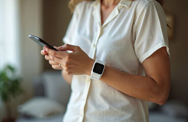 Obraz premium Woman uses smartphone to check health data from smartwatch. Connected tech helps with remote healthcare. Monitor blood glucose. Lifestyle tech gadgets, innovative digital medical devices for disease