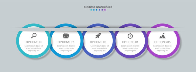 Horizontal progress bar featuring 5 arrow-shaped elements, symbolizing the five stages of business strategy and progression. Clean timeline infographic design template. Vector for presentation