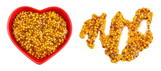 Bowl with french mustard isolated on white background with full depth of field. Top view. Flat lay.