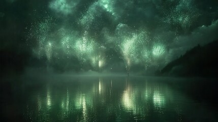 Ribbons of green and silver fireworks rippling across a dark sky