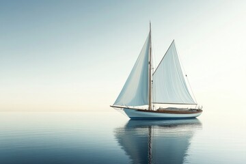 Fototapeta premium A solitary sailboat glides peacefully on a calm sea beneath a clear, pale blue sky, reflecting on the water.