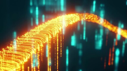 Digital data processing displayed along a vibrant DNA strand with illuminated particles and flowing information, digital data processing over dna strand - Powered by Adobe