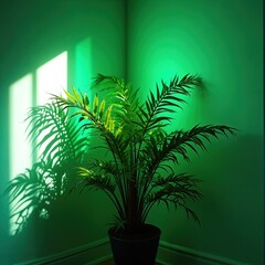 Fototapeta premium Tropical indoor plant lit with vibrant green light. Shadow play on wall. Minimalist interior, moody, neon aesthetics. Modern home decor, zen atmosphere.