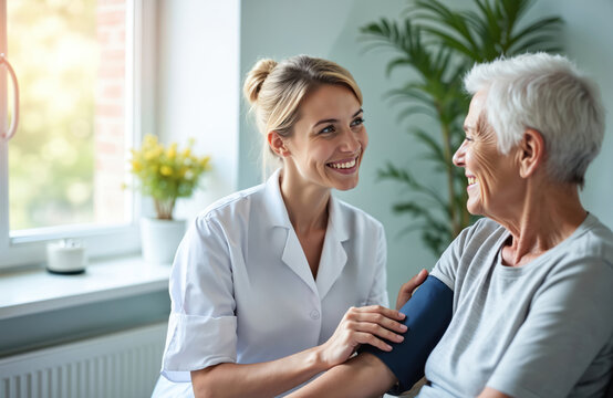 Young female doctor checks senior patient blood pressure with smile. Health worker and elderly woman at home. Modern medical tech monitoring healthcare. Healthy senior people.