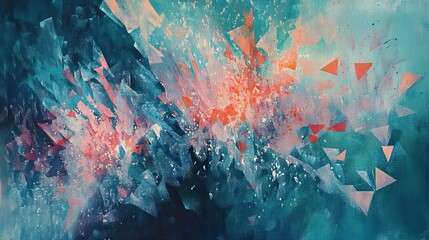 Shades of pale teal and bright coral fireworks expanding in abstract triangular shapes