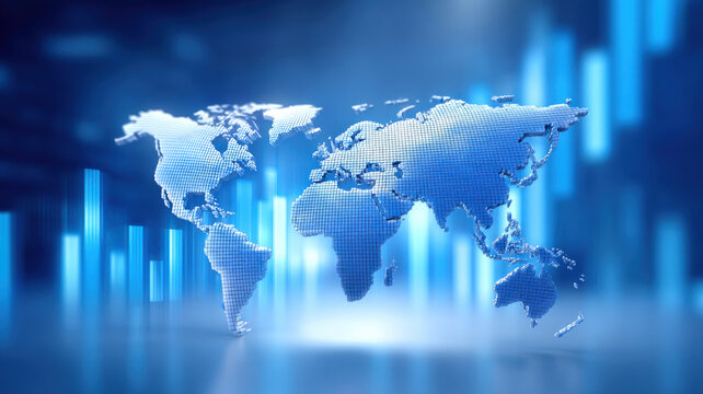 Digital world map with blue abstract background, featuring glowing vertical bars, symbolizes global connectivity and data exchange. futuristic design conveys sense of innovation