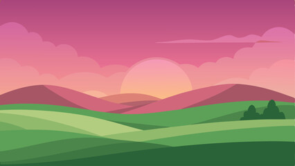 Obraz premium Abstract landscape illustration with rolling hills and sunset sky in a modern style