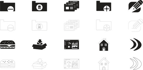 20 Business & UI Icon Set – Flat Stroke and Filled Style for Web, Dashboard, and App Design