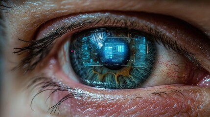 Close-up view of a human eye reflecting digital interface.