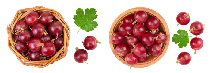 Red gooseberry in a wicker basket and wooden bowl isolated on white background. Top view. Flat lay.