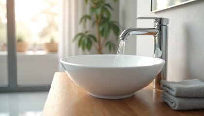 Modern bathroom interior with stylish sink, chrome faucet. Water flows. White ceramic vessel on wooden countertop. Contemporary design, luxury, spa-like aesthetic. Soft natural light from window.