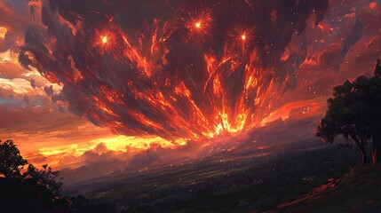 Sheets of fiery scarlet and amber fireworks cascading horizontally