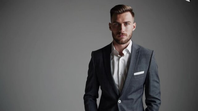 highly attrative gym fit built white man, short brown beard, with silver eyes, wearing a fitted 3 piece gray suit with open white fitted button down shirt with the top three bottons open