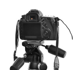Modern professional video camera isolated on white