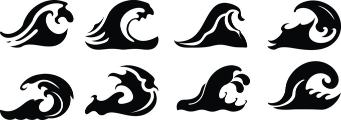 Fototapeta premium Ocean Wave Silhouette Vector Icons