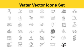 Comprehensive Collection of Water Related Vector Icons Depicting Various Aspects of Water Usage Management and Natural Occurrences in Black and