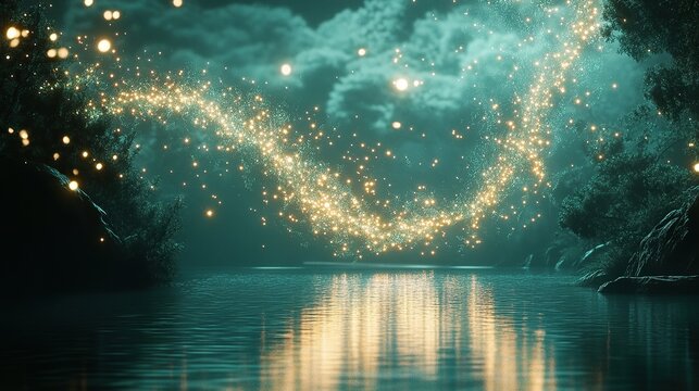 Smooth curling trails of soft emerald and pale rose fireworks spinning upward and fanning out like intricate glowing petals over a riverside.