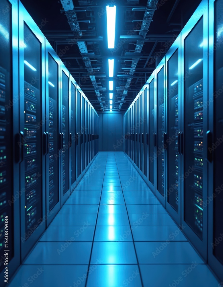 Leinwandbilder blue-lit data center hallway. rows modern servers with green lights, advanced tech equipment. digita