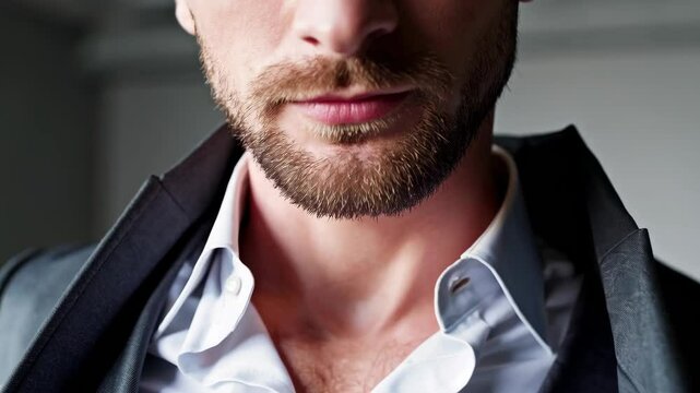 highly attrative gym fit built white man, short brown beard, with silver eyes, wearing a fitted 3 piece gray suit with open white fitted button down shirt with the top three bottons open