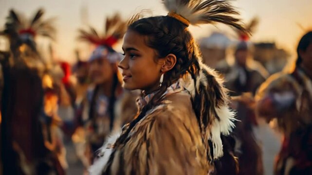 Smiling Indigenous girl dancing at sunset in traditional attire during cultural celebration
