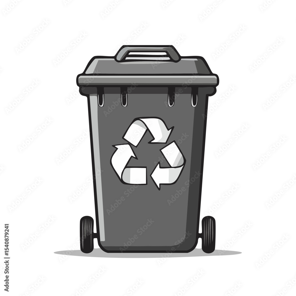 Aufkleber illustration of a gray garbage container with recycle symbol on the front for waste segregation and 