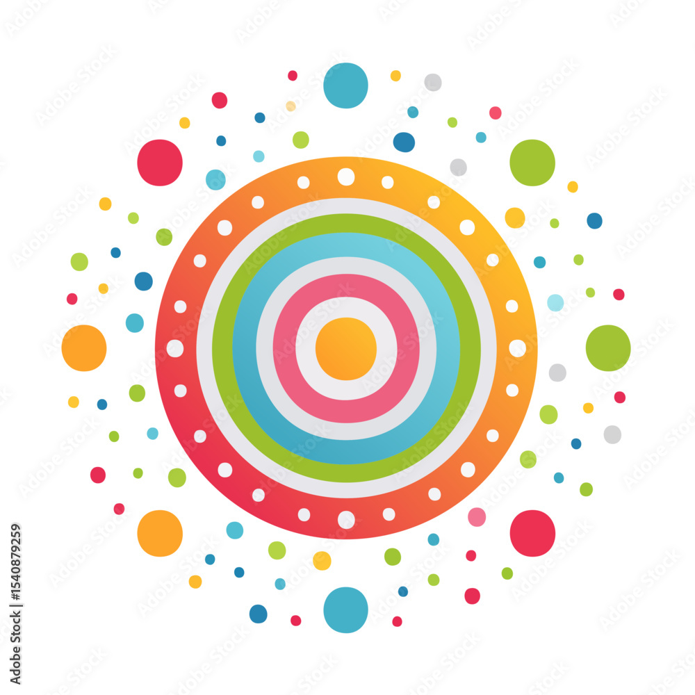 Poster vibrant circular design with colorful concentric rings and scattered dots on black background for mo
