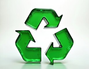 Obraz premium Recycling symbol made from transparent green glass. Environment, sustainability, ecology concept. Icon graphic of three arrows in a circle. Reuse, reduce, waste, conservation, eco friendly.