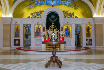 June 14, 2025 - Belgrade, Serbia. Interior of the Crypt of the Church of St. Sava with accessories for the sacred wedding ceremony