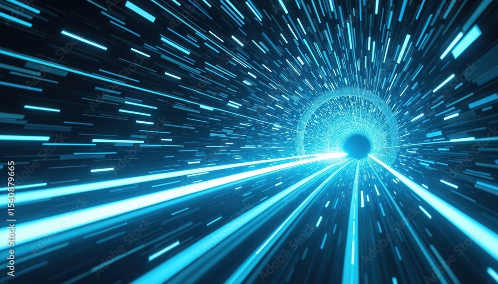 Poster Futuristic tunnel with light particles. Represents speed travel through space. Glowing blue lines, digital art, cosmic vibes. Dynamic movement, high velocity. Innovation, modern tech.
