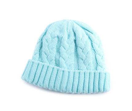 Light blue wool hat isolated on white, top view