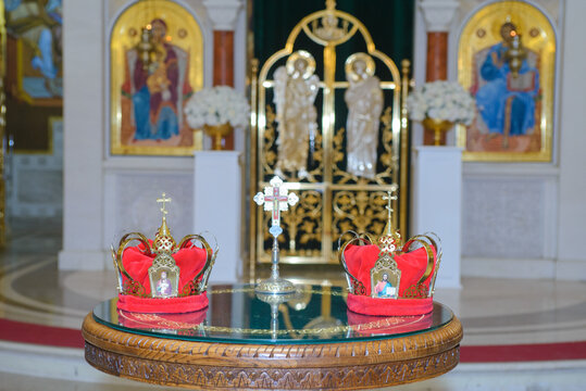 June 14, 2025 - Belgrade, Serbia. Interior of the Crypt of the Church of St. Sava with accessories for the sacred wedding ceremony